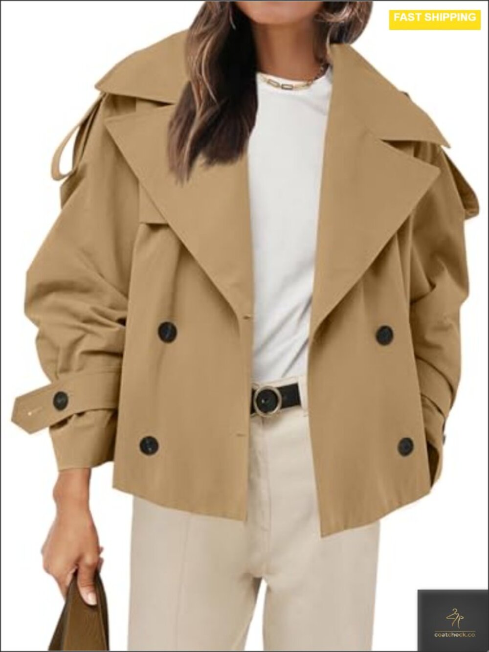 Cropped Double Breasted Trench Coat with Belt, Lapel Collar Windbreaker